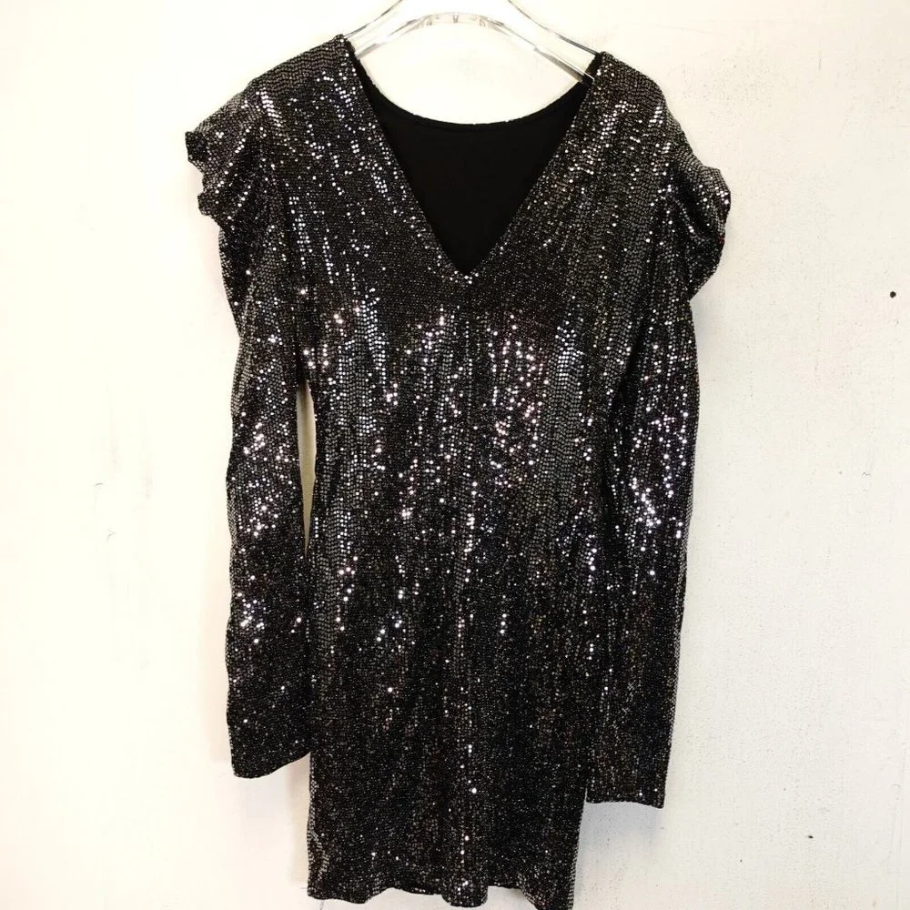 Vintage 80s Glam Sequin‎ Party Dress S Black FOREVER 21 Mini Punk Rock Princess